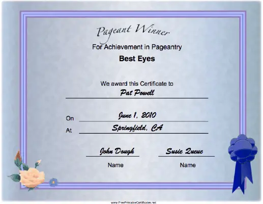 Pageant Best Eyes Achievement certificate
