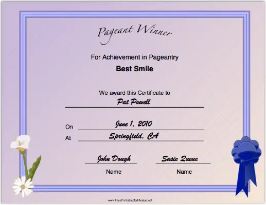 Pageant Best Smile Achievement certificate