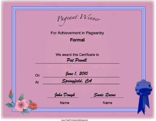 Pageant Formal Achievement certificate