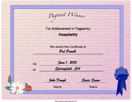 Pageant Hospitality Achievement certificate