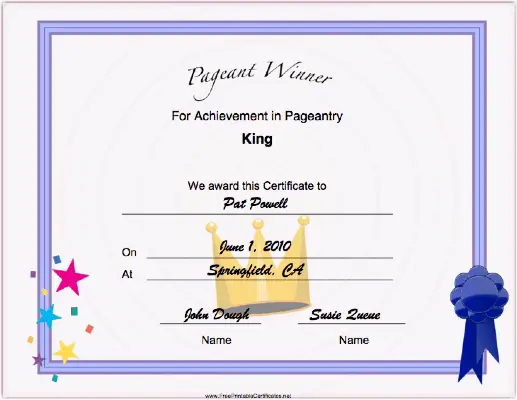 Pageant King Achievement certificate