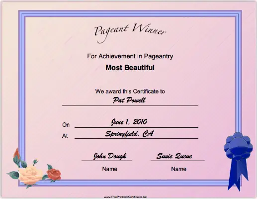 Pageant Most Beautiful Achievement certificate
