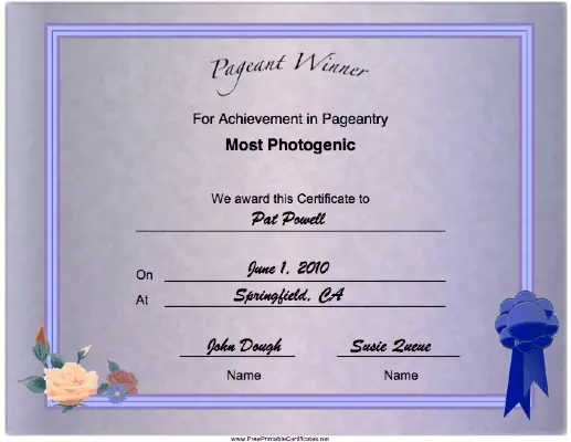 Pageant Most Photogenic Achievement certificate