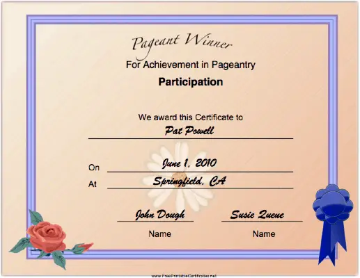 Pageant Participation Achievement certificate