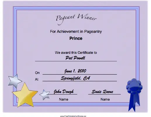 Pageant Prince Achievement certificate