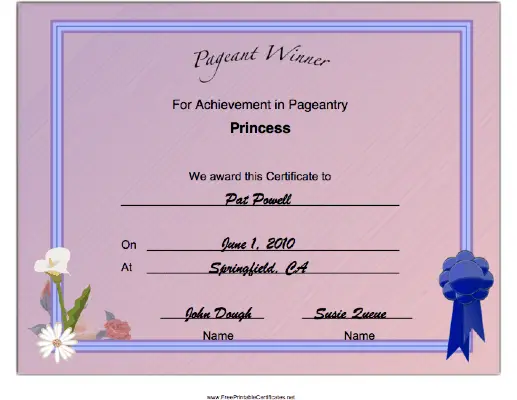 Pageant Princess Achievement certificate