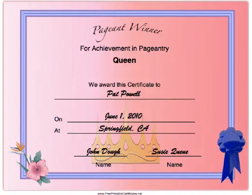 Pageant Queen Achievement certificate