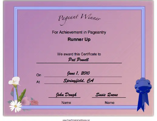 Pageant Runner Up Achievement certificate
