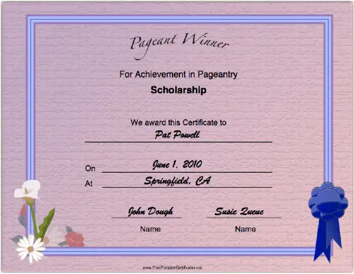 Pageant Scholarship Achievement certificate