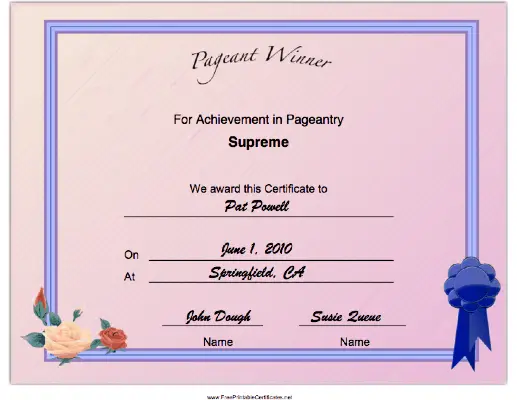 Pageant Supreme Achievement certificate