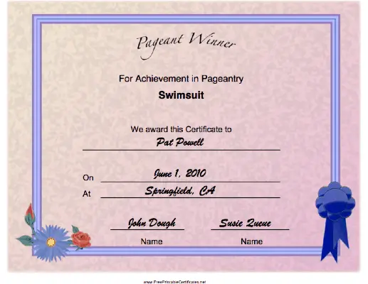 Pageant Swimsuit Achievement certificate
