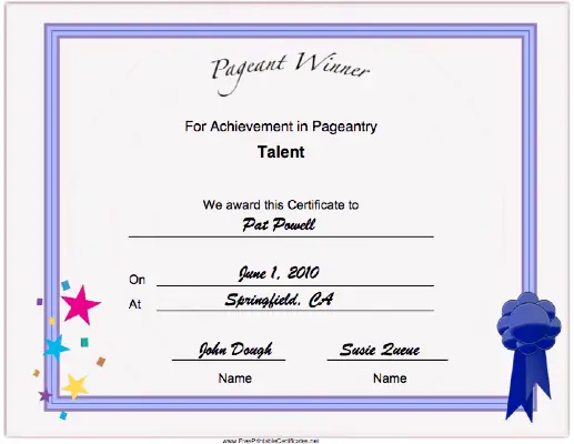 Pageant Talent Achievement certificate