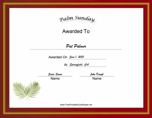 Palm Sunday Holiday certificate