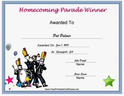 Parade Homecoming certificate