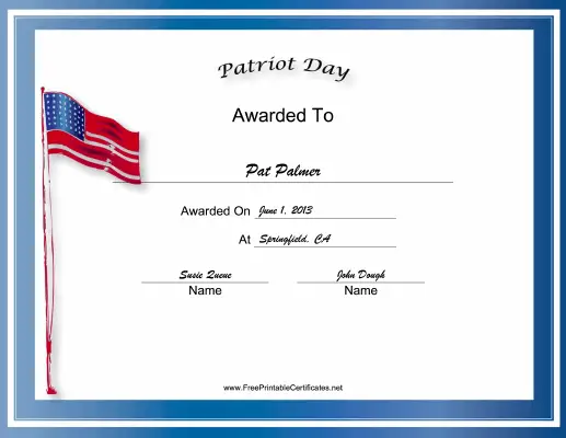 Patriot Day Holiday certificate