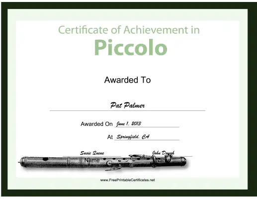 Piccolo Instrumental Music certificate