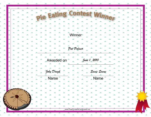 Pie Eating Winner certificate
