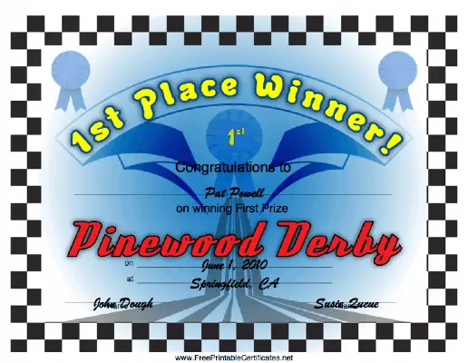 Pinewood Derby 1st Place certificate