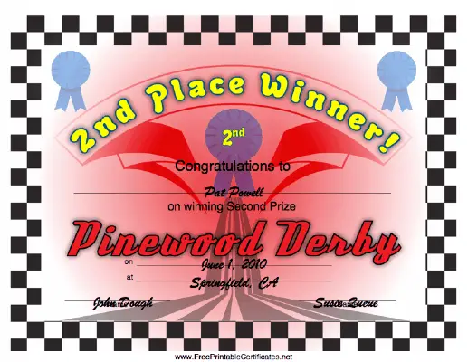Pinewood Derby 2nd Place certificate