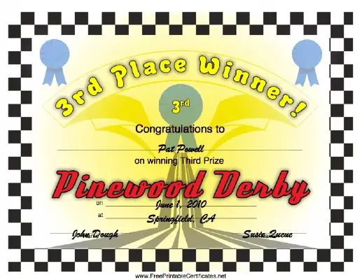 Pinewood Derby 3rd Place certificate