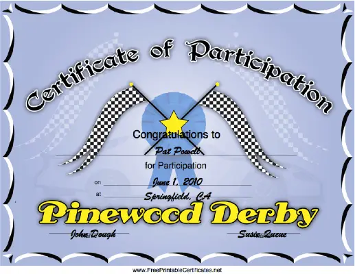 Pinewood Derby Participation certificate