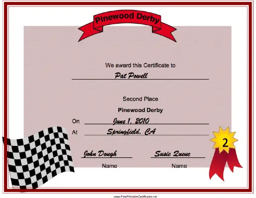 Pinewood Derby Second Place certificate