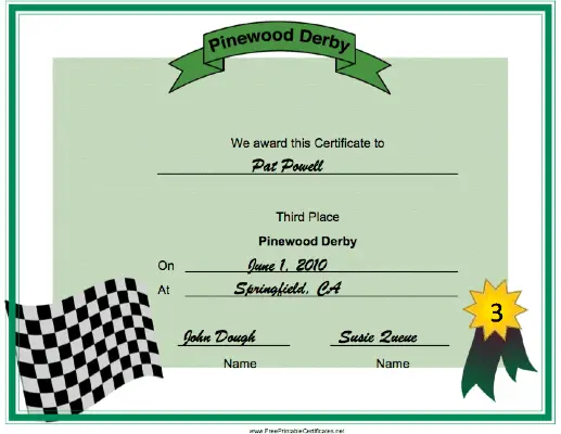 Pinewood Derby Third Place certificate