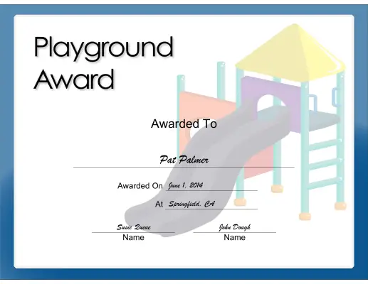 Playground Award certificate