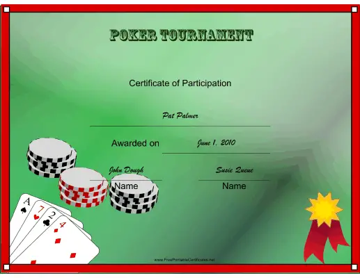 Poker Tournament Participant certificate