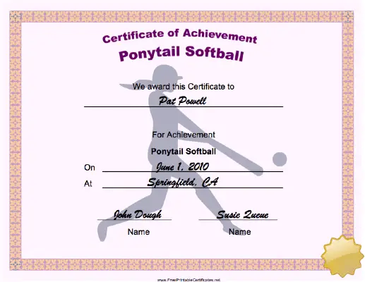 Ponytail Softball Achievement certificate