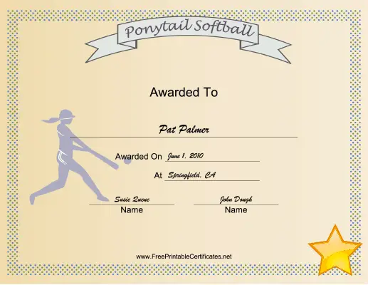 Ponytail Softball certificate