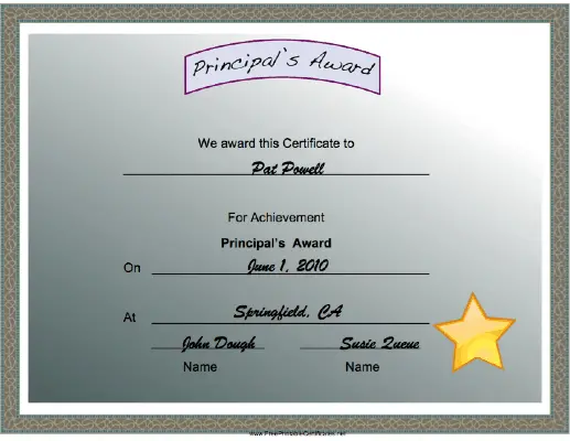 Principals Award certificate