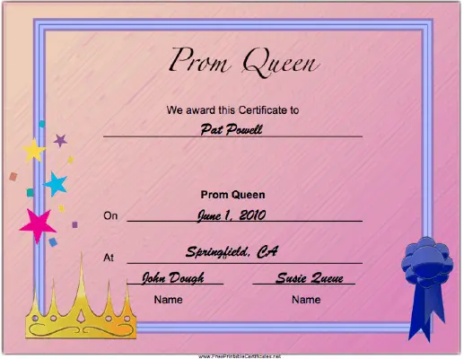 Prom Queen certificate