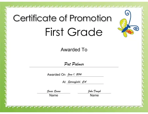 First Grade Promotion certificate
