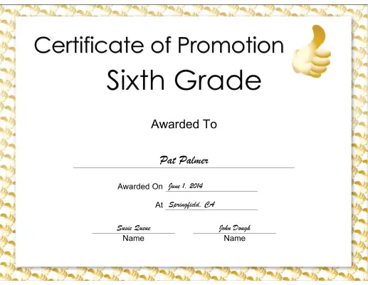 Sixth Grade Promotion certificate