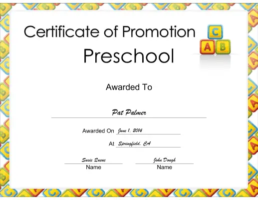 Preschool Promotion certificate