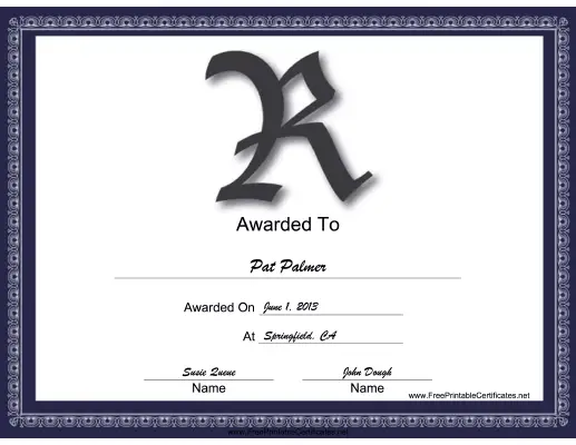 R Monogram certificate