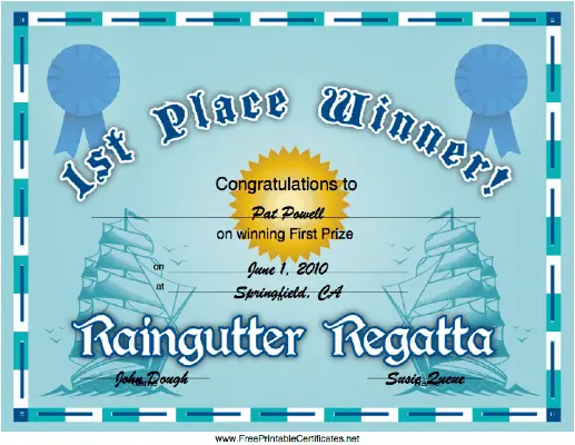 Raingutter Regatta 1st Place certificate