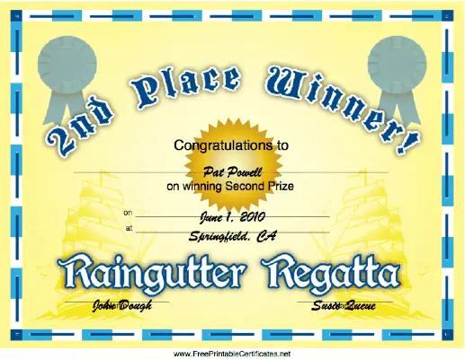 Raingutter Regatta 2nd Place certificate