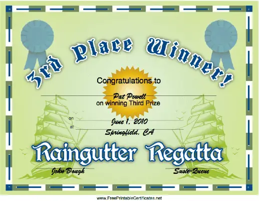 Raingutter Regatta 3rd Place certificate