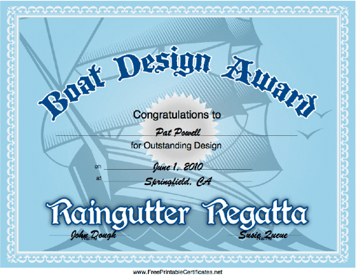 Raingutter Regatta Design Award certificate