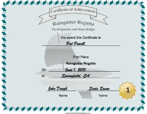 Raingutter Regatta First Place certificate