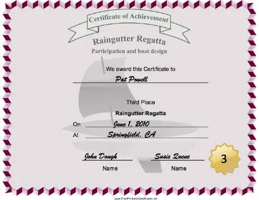 Raingutter Regatta Third Place certificate