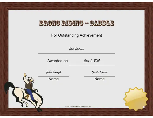 Rodeo Bronc Riding Saddled certificate