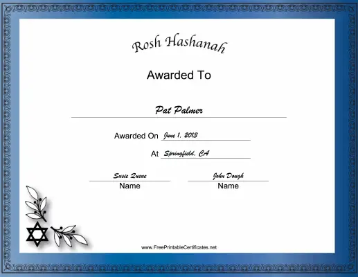 Rosh Hashanah Holiday certificate