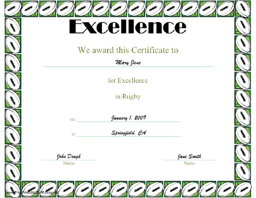 Excellence in Rugby certificate