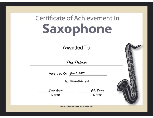 Saxophone Instrumental Music certificate