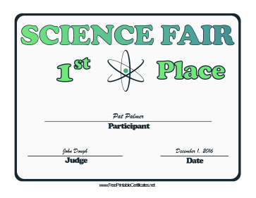 Science Fair First Place certificate