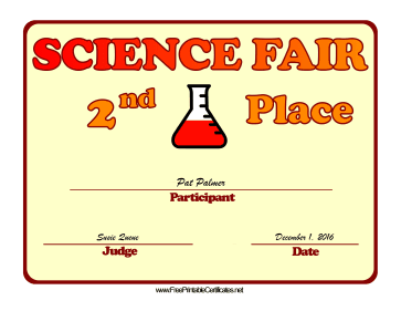 Science Fair Second Place certificate