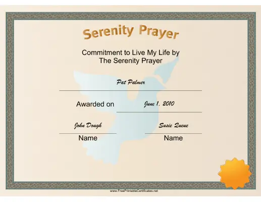 Serenity Prayer certificate